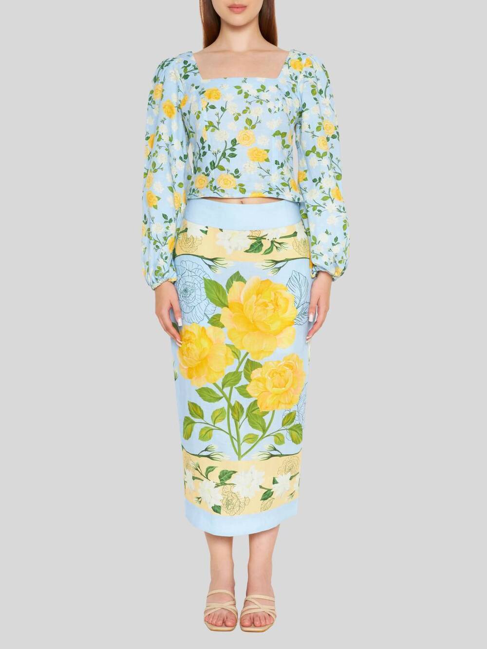 NEW VERANDAH square neck crop blouse in ice blue and yellow